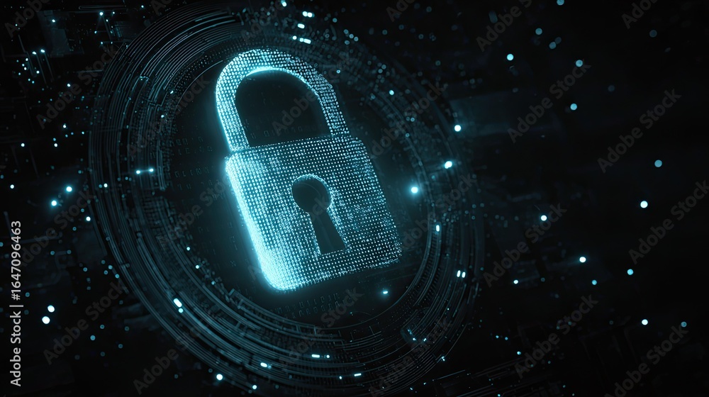 Poster secure digital padlock glowing with vibrant blue energy, symbolizing data protection and cybersecuri