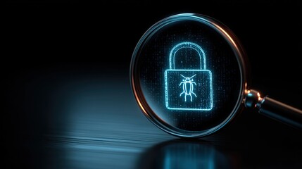 Discovering hidden digital threats with a magnifying glass on a glowing padlock and binary code, symbolizing cybersecurity and data protection.