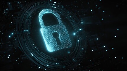 Secure digital padlock glowing with vibrant blue energy, symbolizing data protection and cybersecurity in a futuristic network environment