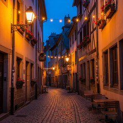 Naklejka premium European old town street, cobblestone road, warm light