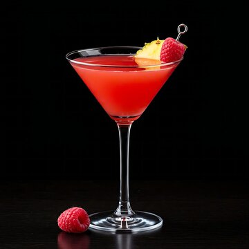 a Cosmopolitan or Martini, garnished with a raspberry and a lemon twist, presented in a sleek glass against a dark background, highlighting its elegant appeal