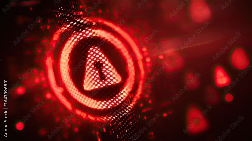 Poster urgent red digital alert symbol with keyhole icon and scattered warning lights conveys critical cybe