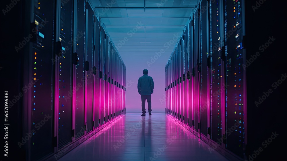 Poster man stands in futuristic server room with vibrant pink and blue neon lights illuminating rows of dat