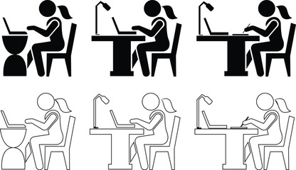 The modern working Woman at her desk, icon set fully engaged with her laptop. Rendered in a clean silhouette style, figure’s posture communicates concentration, discipline, and deep sense of purpose.