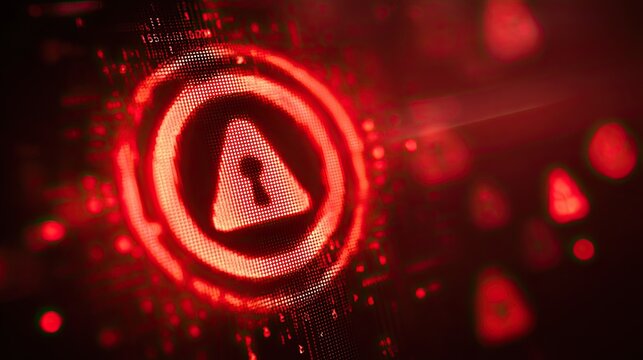 Urgent red digital alert symbol with keyhole icon and scattered warning lights conveys critical cybersecurity threat or system failure