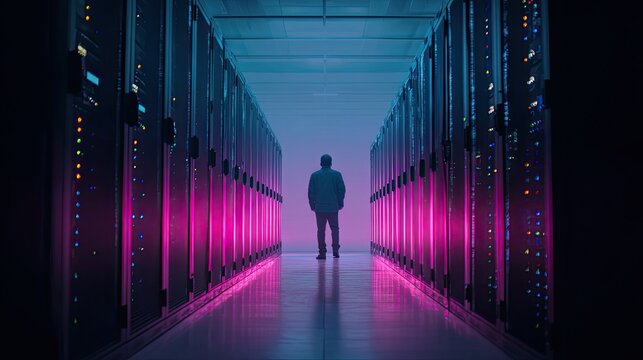 Man stands in futuristic server room with vibrant pink and blue neon lights illuminating rows of data racks, symbolizing innovation and digital infrastructure.