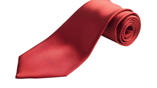 A rolled red tie rests neatly, showcasing its smooth texture perfect for complementing a suit