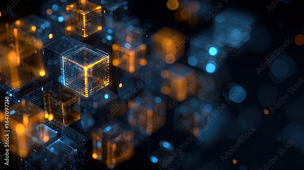 Poster dynamic network of glowing data cubes creates a vibrant, futuristic digital landscape representing i