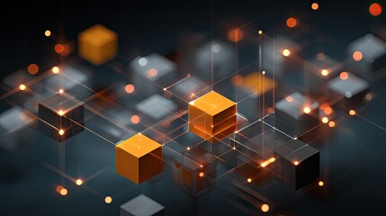 Dynamic network of glowing interconnected cubes represents abstract data flow and modern digital technology in a sophisticated 3D abstract visualization