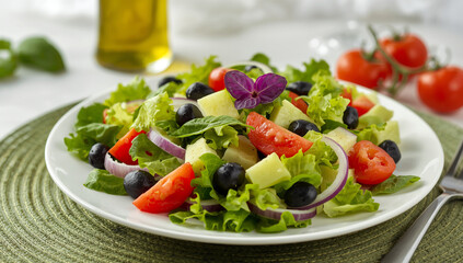 A fresh vegetable salad, including crisp green lettuce leaves, thick slices of cucumber, juicy red tomato chunks, and rings of white onion.