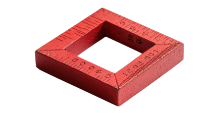 A red woodworking square used to ensure accurate angles while working on carpentry projects