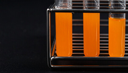 Test tube with orange suspension in metal rack on black background. Science, laboratory experiment