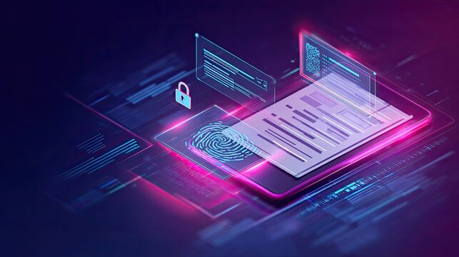 Secure digital identity verification with fingerprint scanning and data access on futuristic interface, showcasing modern cybersecurity solutions - Powered by Adobe