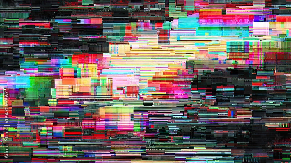 Poster vibrant abstract digital glitch art bursting with colorful horizontal lines and pixelated blocks cre