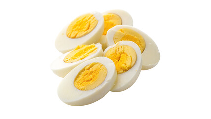 sliced boiled eggs with bright yellow yolks isolated on transparent background