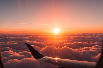Obraz premium Fiery Orange Sunset with Airplane Wing Over Cloudscape