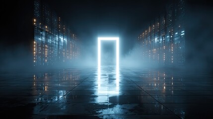 Step into a futuristic portal amidst glowing digital cityscapes and shimmering wet reflections, unlocking infinite possibilities for innovation and discovery