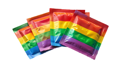 Rainbow condoms symbolizing lgbt pride and safe sex practices, promoting equality and awareness, isolated on transparent background, perfect for health campaigns