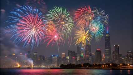 City Skyline at Night with Colorful Fireworks Display Over Water, Festive Celebration and Urban View