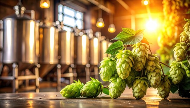 Sunlit brewery interior with fresh hops and brewing tanks