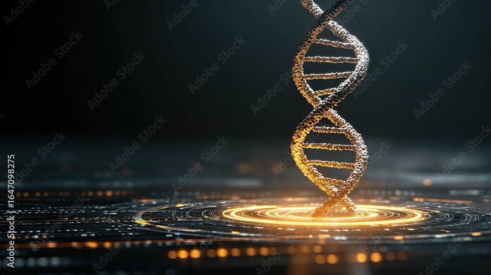 Poster stunning illuminated dna helix emerges from futuristic glowing digital circuit board creating an awe