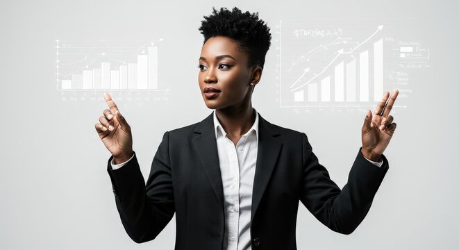 Businesswoman pointing at charts analyzing financial data white background. - Powered by Adobe