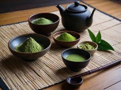 Traditional Japanese Tea Ceremony Setup With Bamboo Tools - Powered by Adobe