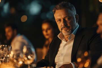 Middle-aged Hispanic male businessman hosts elegant dinner party at mansion with guests enjoying the evening