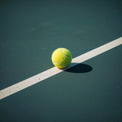Tennis Ball Resting Just on the White Line of a Hard Court, Surrounded by a Deep Green Surface in Bright Outdoor Conditions