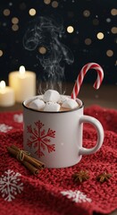Fototapeta premium Cozy hot chocolate with marshmallows and candy cane on festive background, symbolizing holiday warmth, Christmas treats, and winter celebration in a vertical festive photo