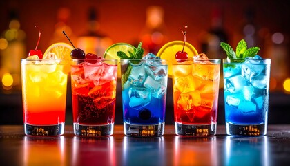 Vibrant Rainbow Cocktails Garnished with Cherries and Mint