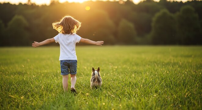 A child with outstretched arms and a dog run across a grassy field towards the sunlight