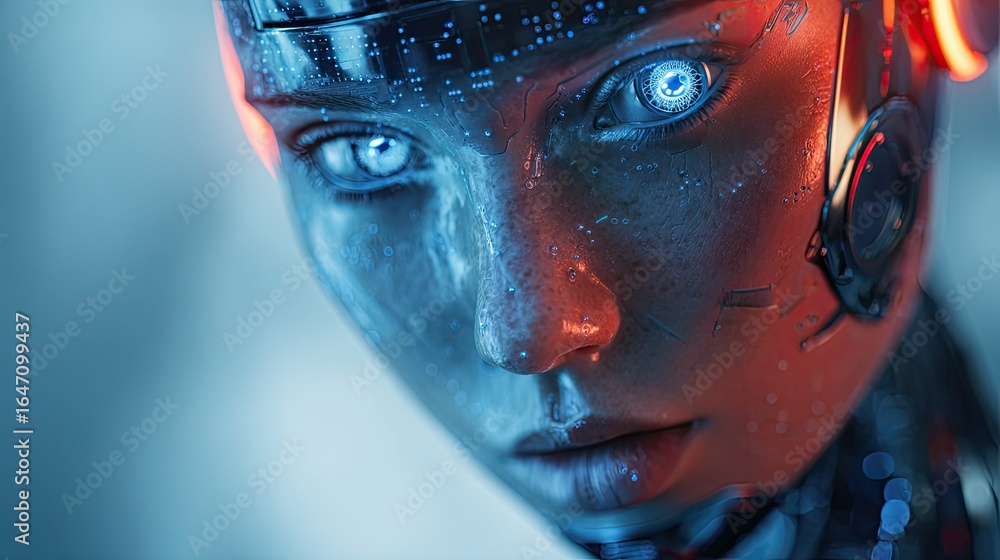 Aufkleber intense close-up of a futuristic android face with glowing blue eyes and intricate circuitry, hintin