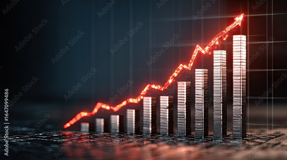 Aufkleber dynamic financial growth visualized with a glowing red arrow ascending over metallic bar charts in a