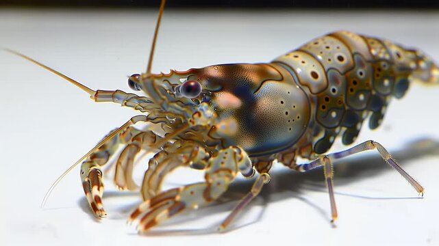 Detailed Macro Shot of a Freshwater Crayfish with Intricate Shell Patterns on a Clean Background