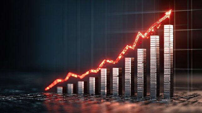 Dynamic financial growth visualized with a glowing red arrow ascending over metallic bar charts in a modern, dark setting signifying success and profit.