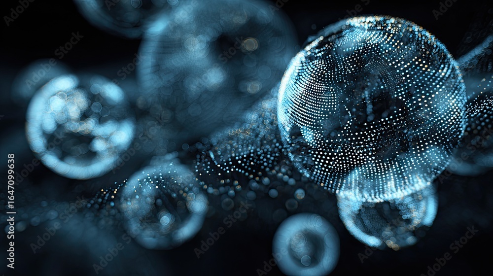 Poster explore the vast universe of digital innovation with glowing abstract spheres and intricate network 