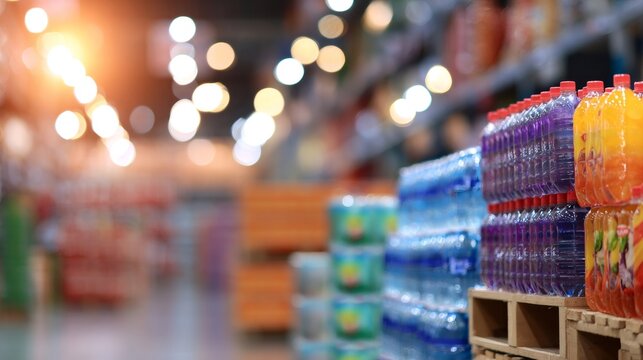 Rows of colorful bottled beverages on shelves in a warehouse, representing the storage and distribution of goods for retail. - Powered by Adobe