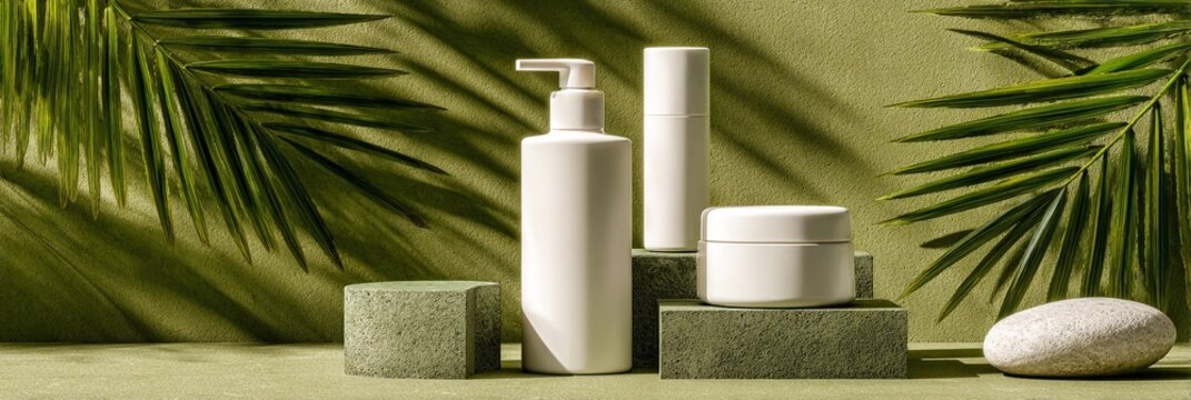 COMPOSIZIONE DI FLACONI COSMETICI BIANCHI SU SFONDO VERDE