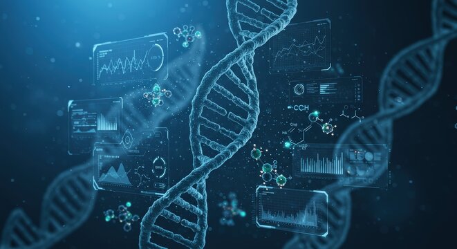 DNA Strand with Futuristic Data Displays Science Concept. - Powered by Adobe