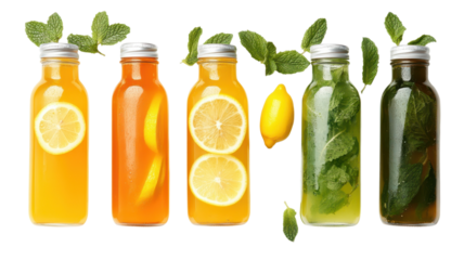 Five jars filled with colorful drinks showcasing citrus and mint, perfect for hot days and gatherings outdoors