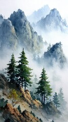 Misty mountain peaks, evergreen trees