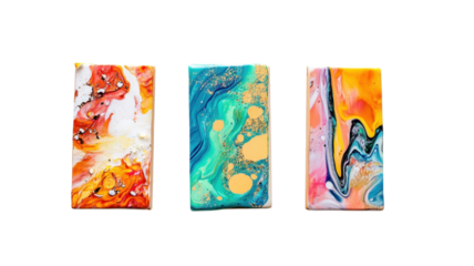 Three unique resin art panels showcase a blend of bright colors, intricate swirls, and textures on a clean surface