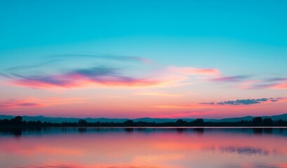 Naklejka premium Vibrant sunset paints the sky with pink and blue hues reflecting beautifully on a tranquil lake.