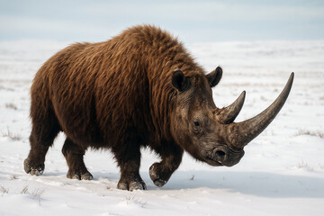 Woolly Rhinoceros Walking on Snowy Tundra with Large Curved Horns. Prehistoric Ice Age Animal Extinct Megafauna in Frozen Wilderness