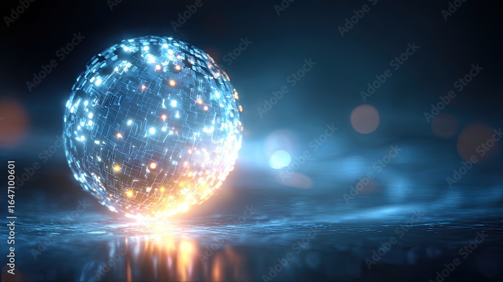 Poster futuristic glowing digital sphere pulsing with vibrant data streams, representing global connectivit