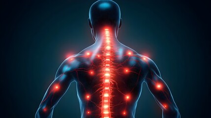 Human body with glowing red pain points on neural pathways illustrating pain or nerve stimulation,	