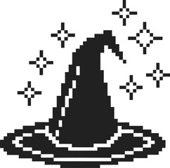 Pixel art wizard hat with magical sparkles retro black and white brimmed cone, fantasy magic design, digital icon illustration
