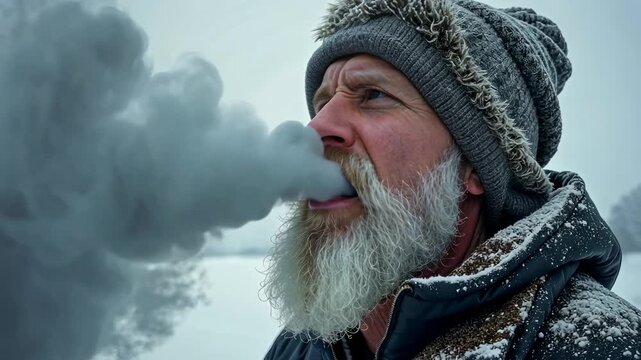 exhale, cold weather, breath visibility. Respiratory response. Pulmonary condensation in freezing air. Nasal passages clear with breath. Winter chill enhances lung capacity.