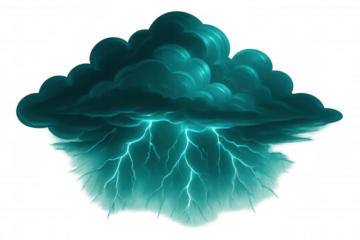 Turquoise electric lightning piercing dark storm cloud, dramatic weather phenomenon against transparent backdrop, showcasing raw atmospheric energy